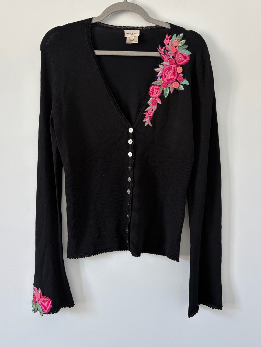 Karen Millen Black V Neck Long Bell Sleeve Button Down Floral Appliqué Cardigan
